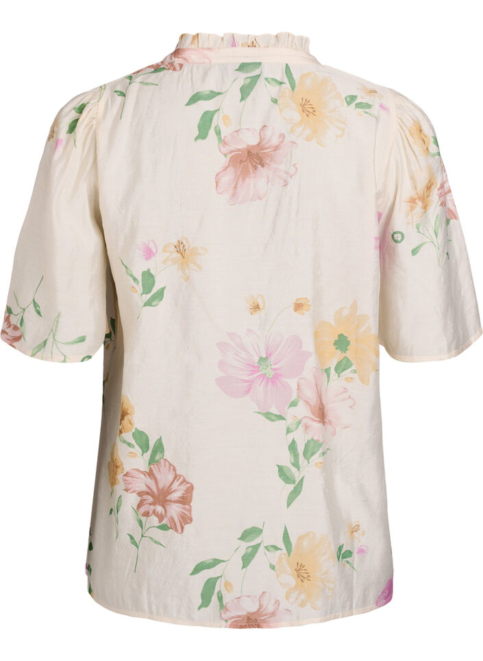 Bluse med blomstertrykk, rysjekrage og 1/2 ermer, Beige, Packshot image number 1