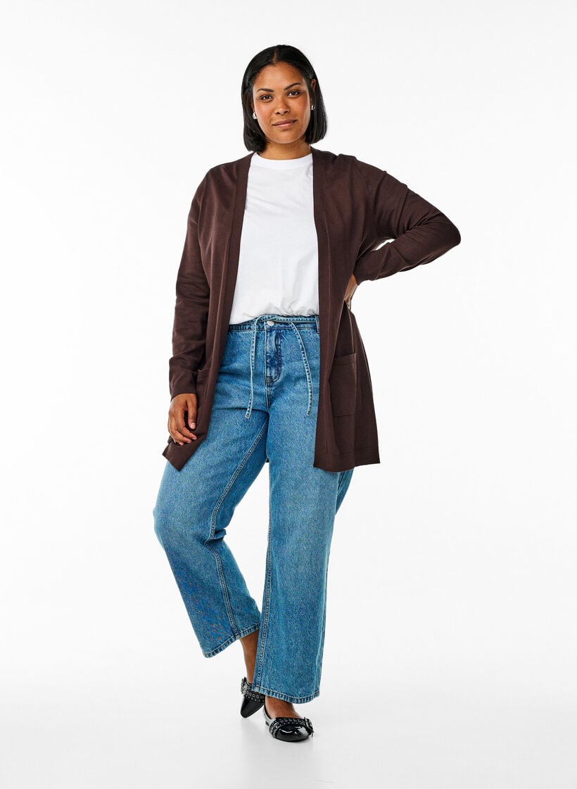 Lang, strikket cardigan i en viskoseblanding, Brun, Model image number 1