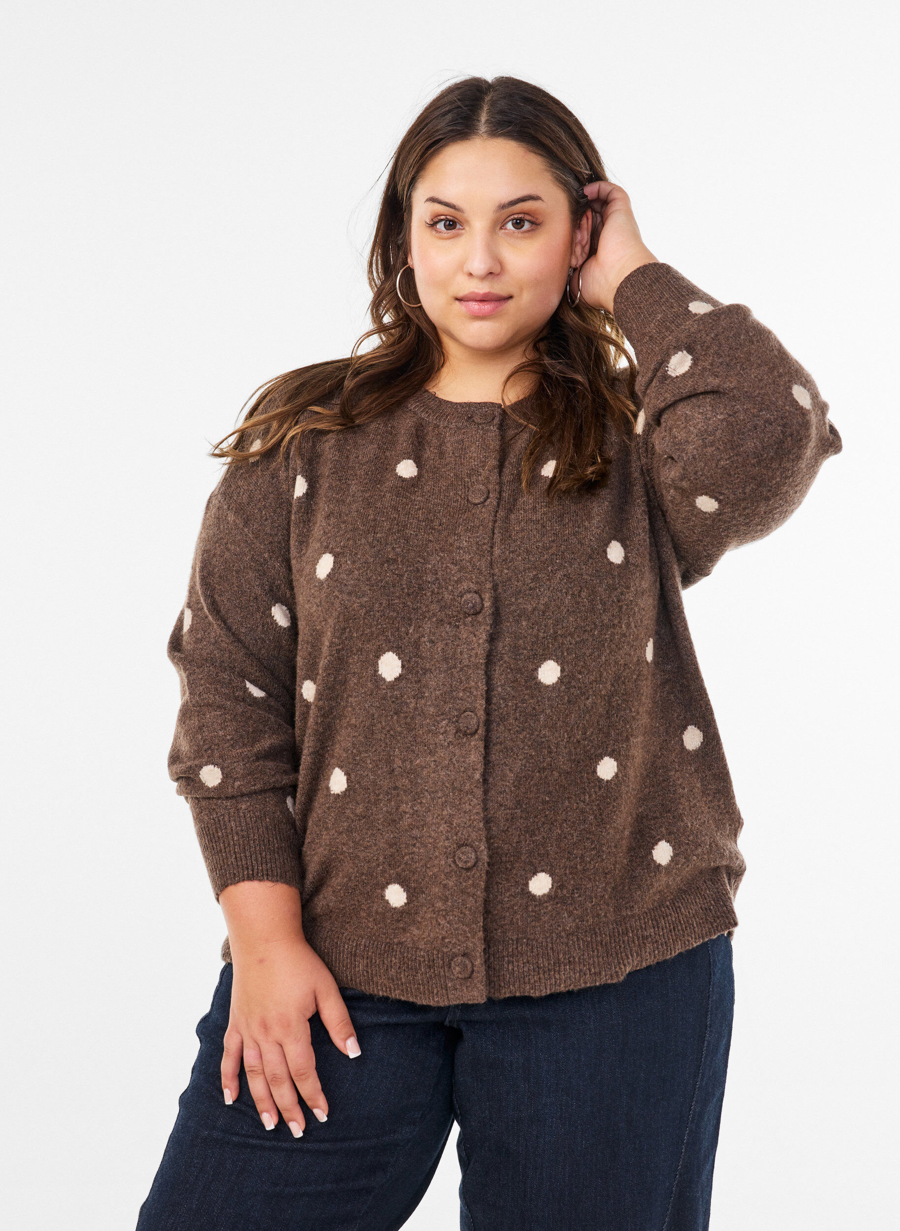 Cardigan med et prikkete m&oslash;nster, Brun, Model