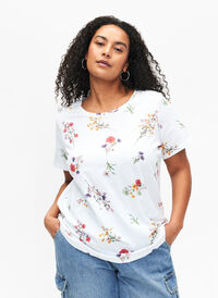 T-skjorte i økologisk bomull med blomstertrykk, Bright W. AOP Flower, Model