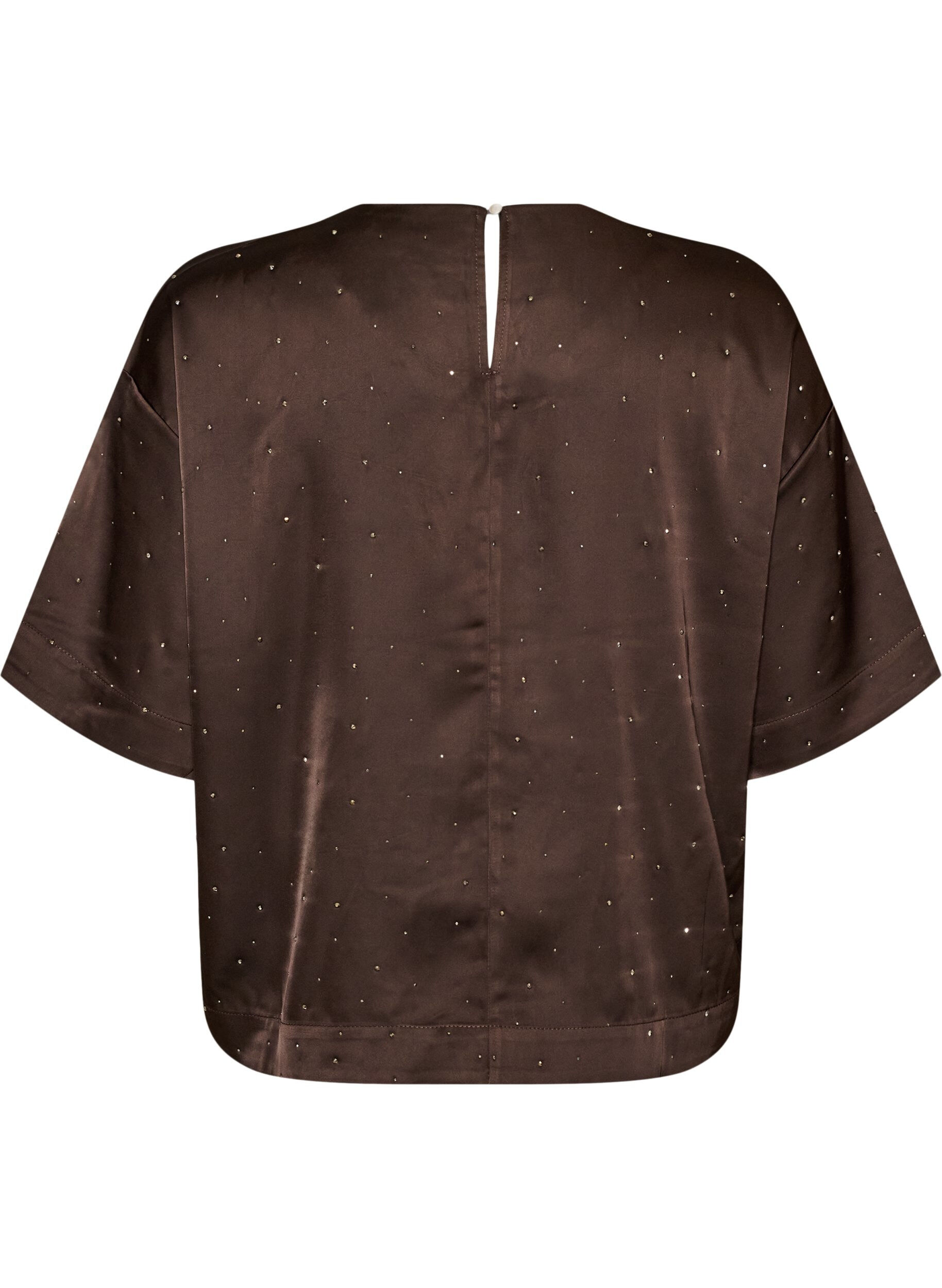 ZizziSatengbluse med rhinsteiner og albuelange ermer, Brun, Packshot image number 1