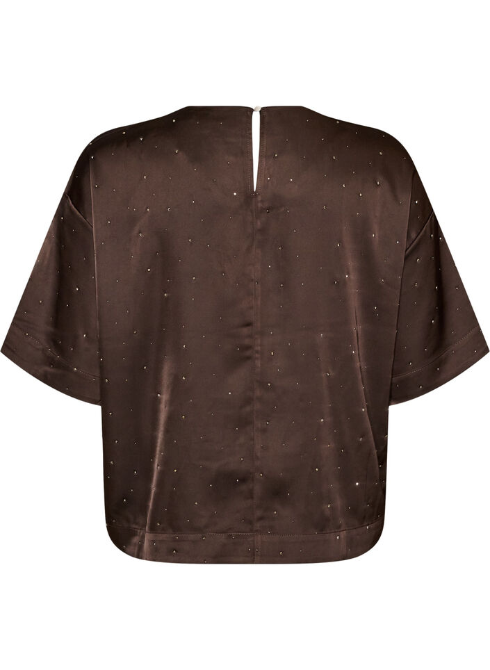 Satengbluse med rhinsteiner og albuelange ermer, Brun, Packshot image number 1
