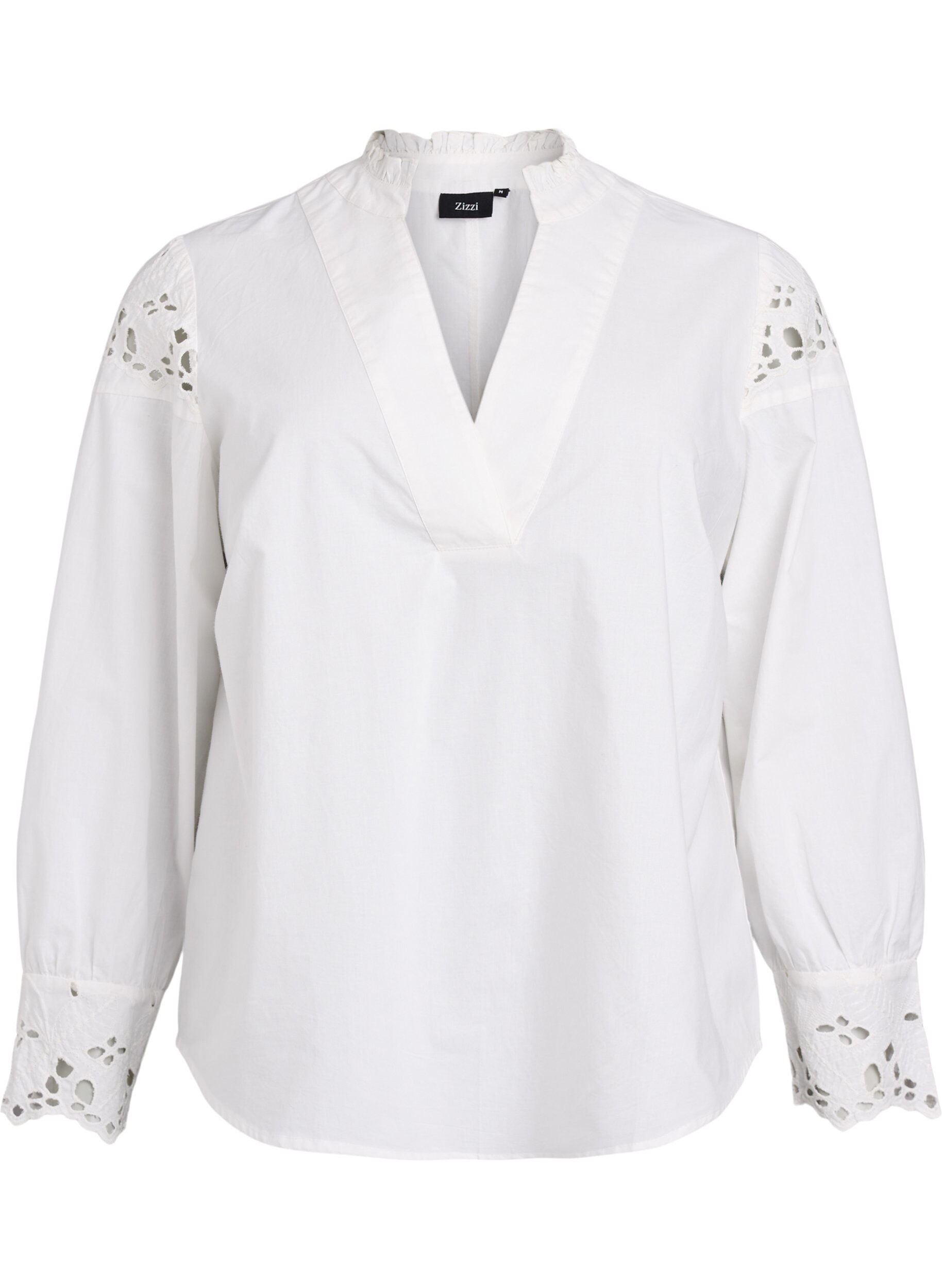 Bluse med V-hals og broderie anglaise-detaljer