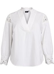 Bluse med V-hals og broderie anglaise-detaljer, Hvit