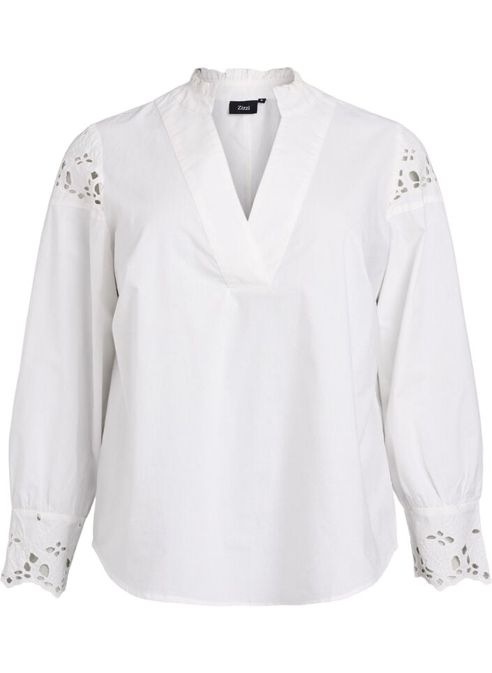 Bluse med V-hals og broderie anglaise-detaljer, Hvit, Packshot