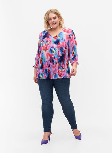 Bluse med plissé og 3/4-ermer, Lavender Space AOP, Model image number 2