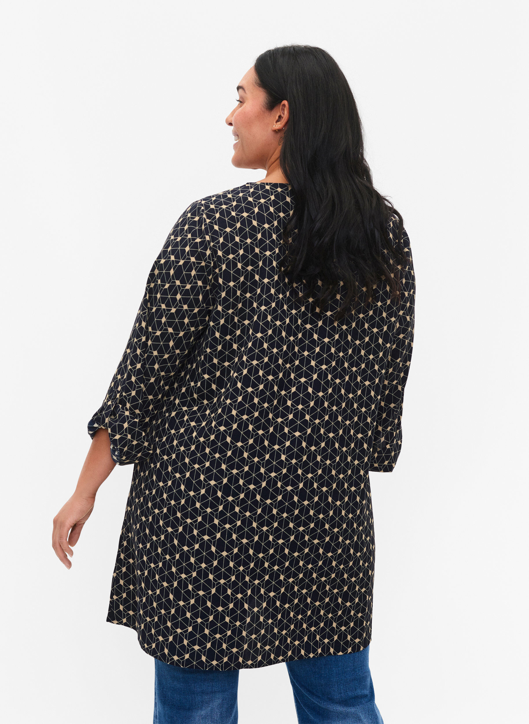 Zizzi A-formet tunika med trykk, Blue Beige AOP, Model image number 1