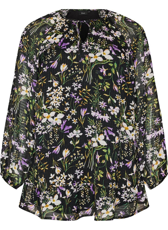 A-linjeformet tunika med blomsterprint, Svart, Packshot image number 0