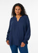 Bluse med smockmansjetter og V-hals, Bl&aring;, Model image number 0