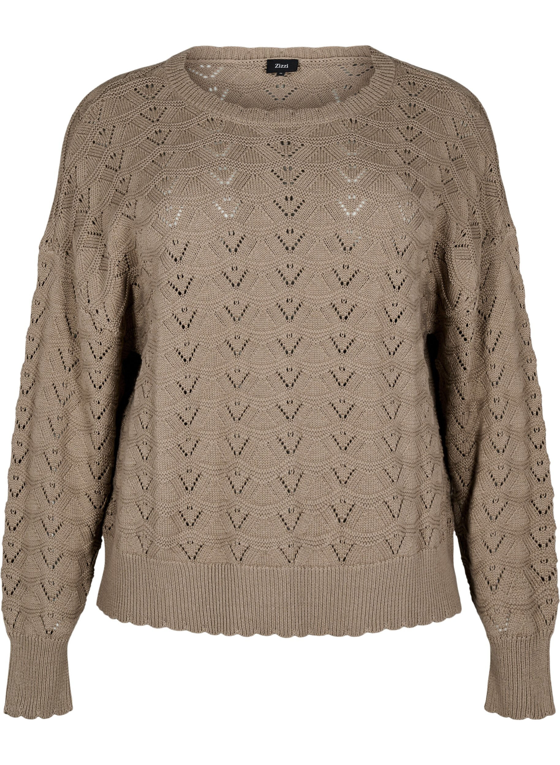 Zizzi Langermet strikket bluse med et &aring;pent m&oslash;nster, Desert Taupe, Packshot image number 0
