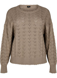 Langermet strikket bluse med et åpent mønster, Desert Taupe