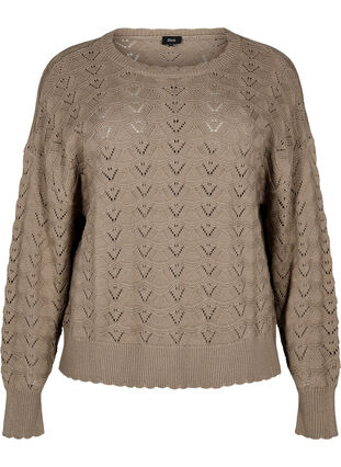 Zizzi Langermet strikket bluse med et åpent mønster, Desert Taupe, Packshot image number 0