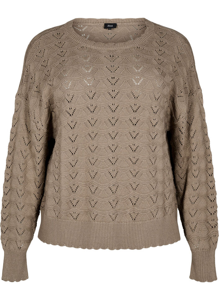 Langermet strikket bluse med et åpent mønster, Desert Taupe, Packshot image number 0