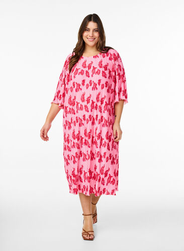 Zizzi Plissert kjole med 3/4 ermer, Rosa, Model image number 0
