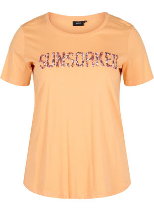 Kortermet T-skjorte i bomull med trykk, Apricot Nectar SUN, Packshot image number 0