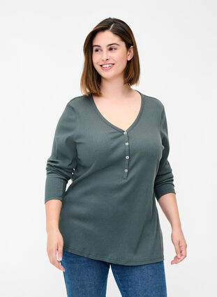 Langermet bluse i ribb med knappedetaljer, Urban Chic, Model image number 0