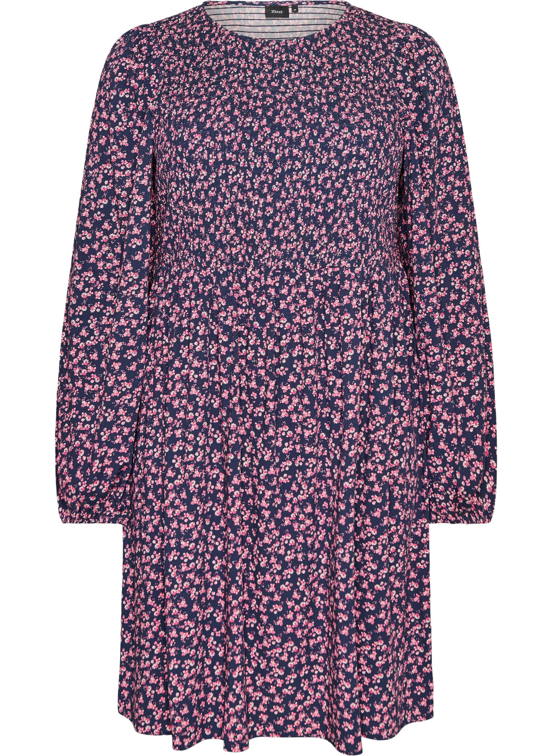 ZizziKjole med smocket topp og sm&aring;blomstret m&oslash;nster, Bl&aring;, Packshot image number 0