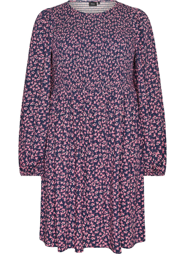 Kjole med smocket topp og sm&aring;blomstret m&oslash;nster, Bl&aring;, Packshot image number 0