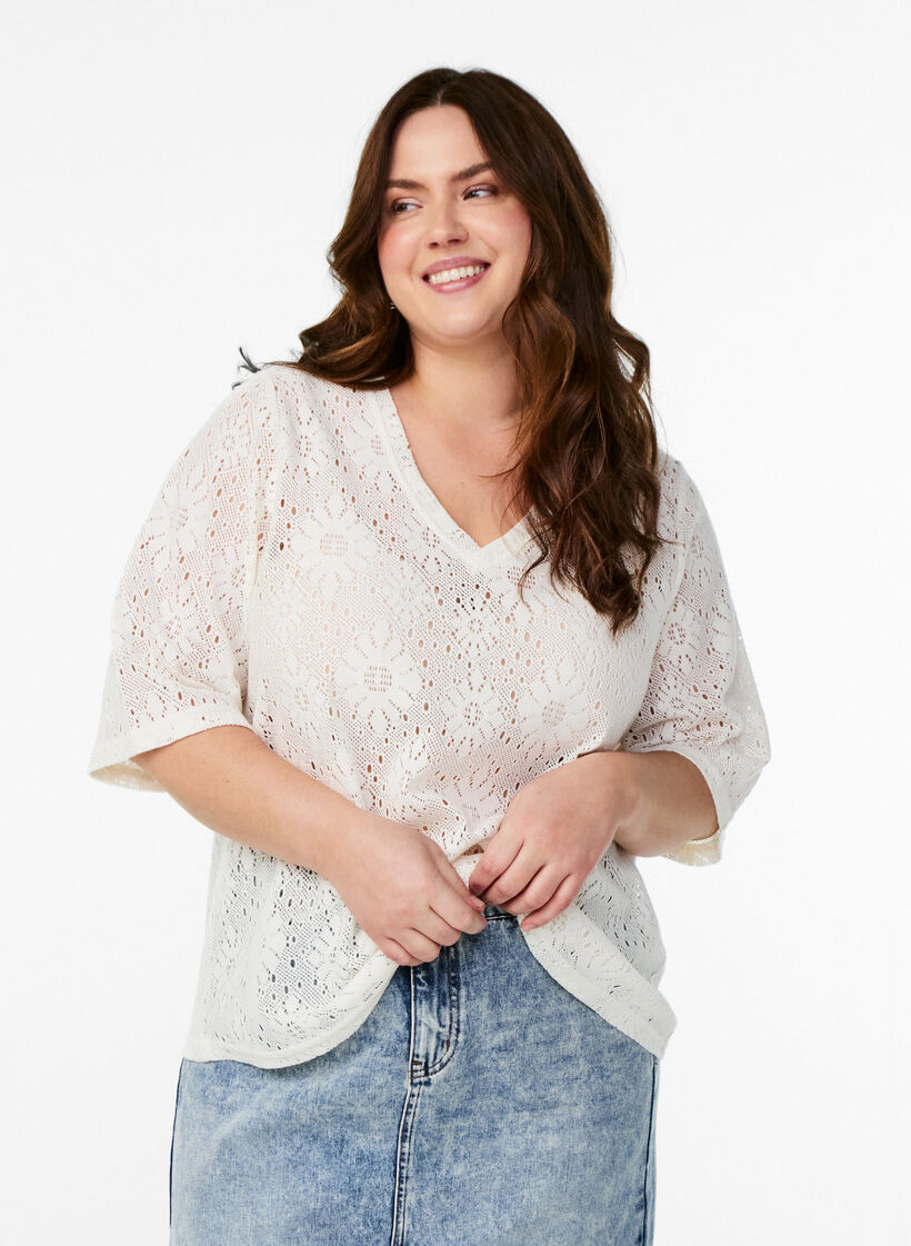 Bluse med et åpent mønster og korte ermer, Beige, Model image number 0