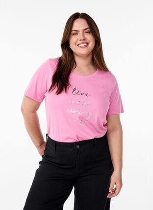 Zizzi FLASH - T-skjorte med motiv, Begonia Pink Live, Model image number 0