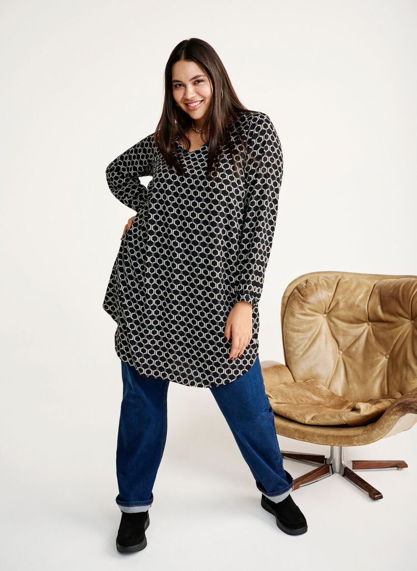 Kjole med V-hals og trykk, Black Graphic AOP, Image image number 0