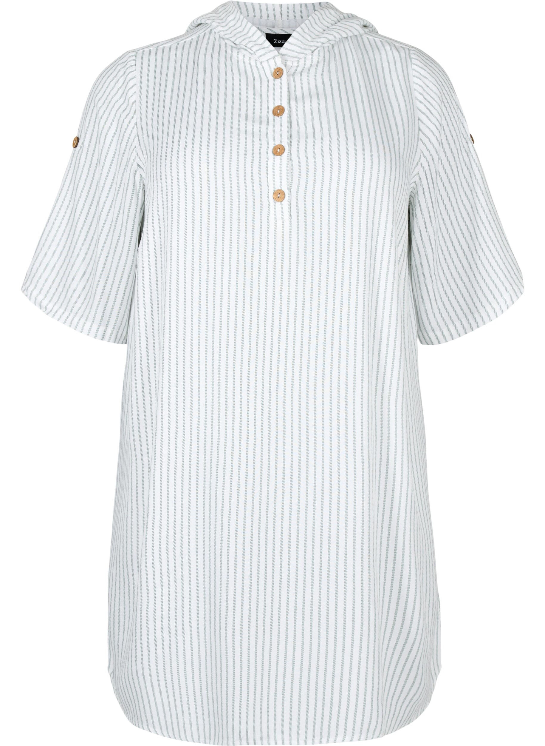 Zizzi Kortermet tunika i viskose med hette, Chinois Green Stripe, Packshot image number 0