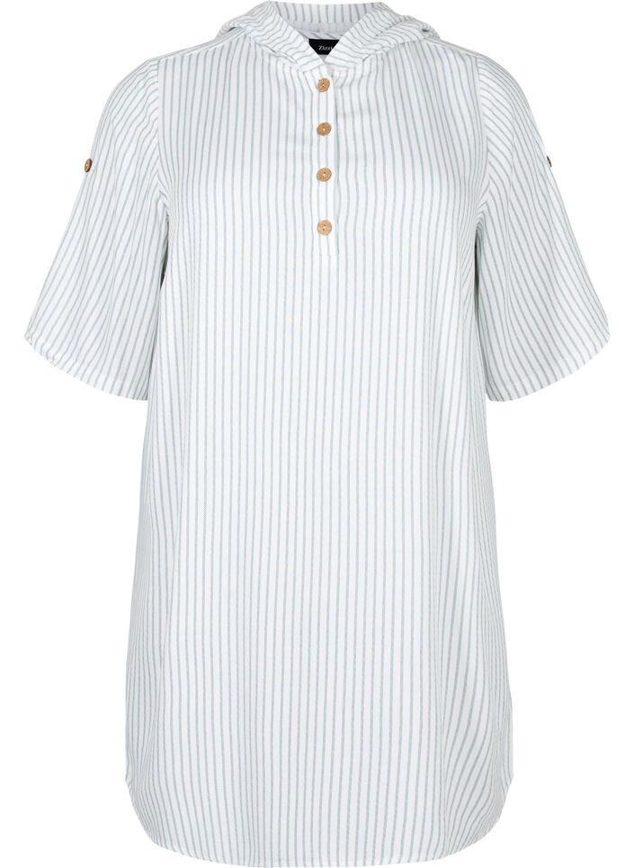 Kortermet tunika i viskose med hette, Chinois Green Stripe, Packshot image number 0