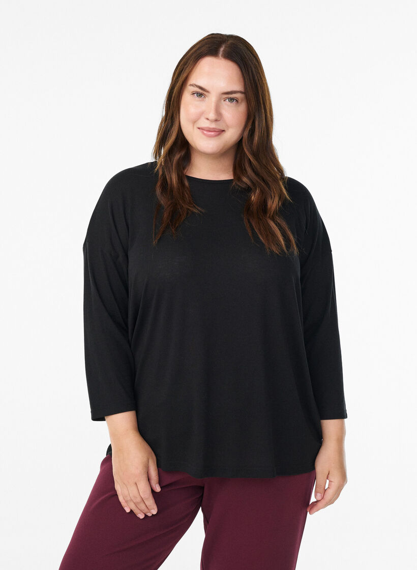 Jersey bluse med 3/4 ermer, Svart, Model image number 0