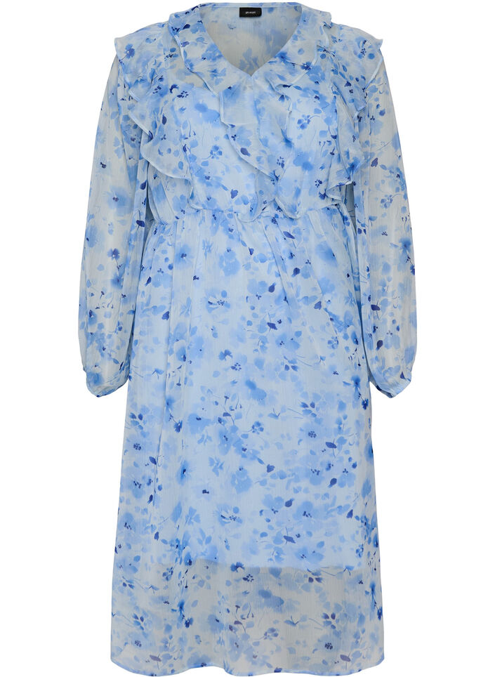 Chiffonkjole med blomsterprint, volanger og lange ermer, Bl&aring;, Packshot image number 0