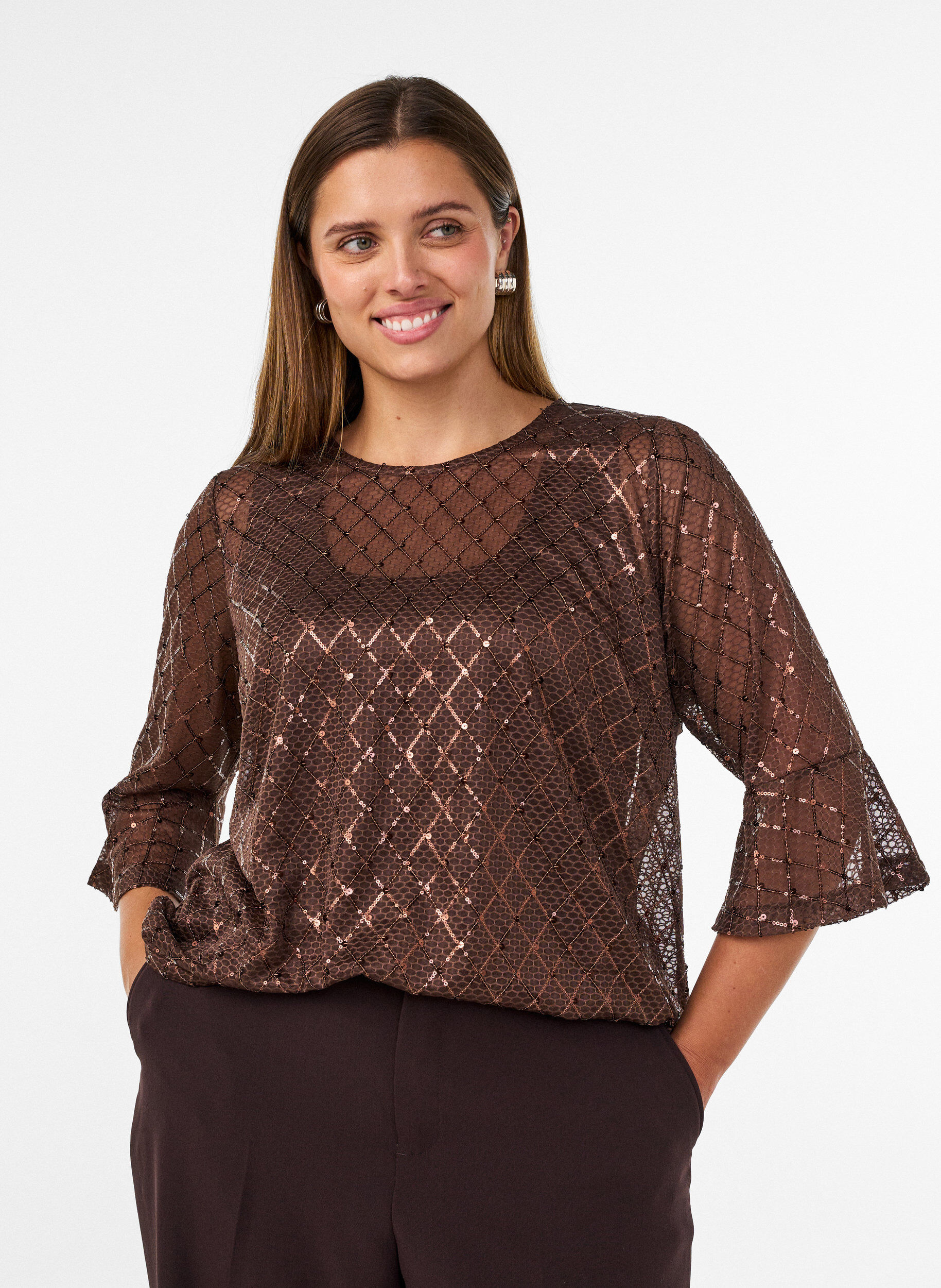 ZizziGjennomsiktig bluse med paljetter og diamantm&oslash;nster, Brun, Model image number 0