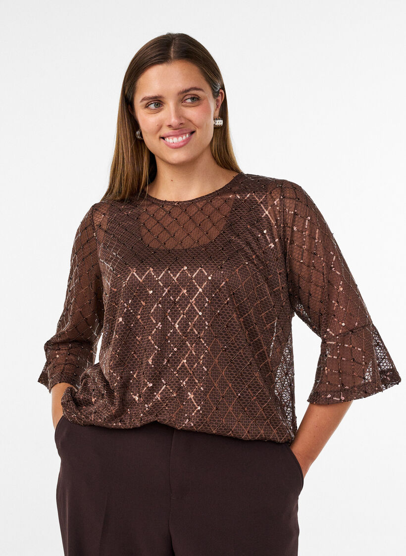 Gjennomsiktig bluse med paljetter og diamantm&oslash;nster, Brun, Model image number 0