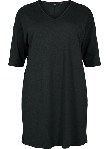 Melert kjole med 3/4-ermer og V-hals, Dark Grey Mel., Packshot image number 0