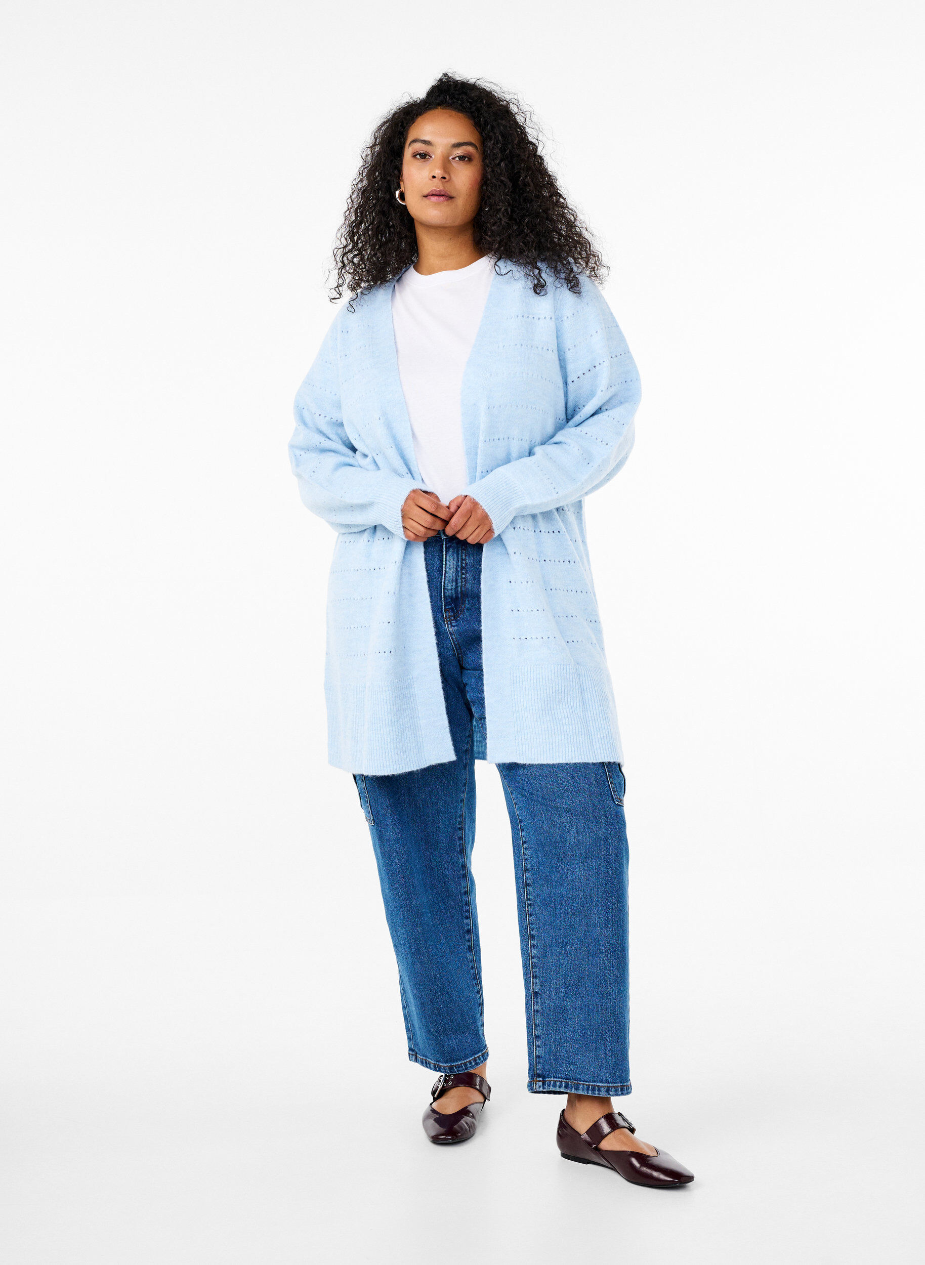 Zizzi Lang strikket cardigan med blondem&oslash;nster, Cashmere Blue Mel., Model image number 2