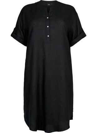 Kortermet kjole i 100% lin, Black, Packshot image number 0