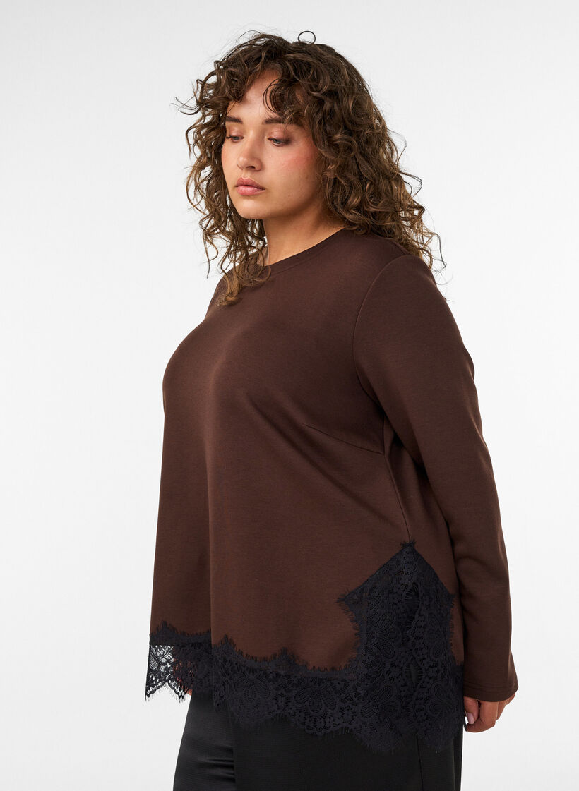 Jerseybluse med blonderkant, Brun, Model image number 3