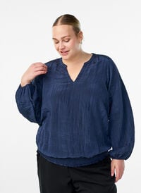 Bluse med V-hals og krøllete tekstur, Blå Bluse med V-hals og krøllete tekstur, Blå, Model