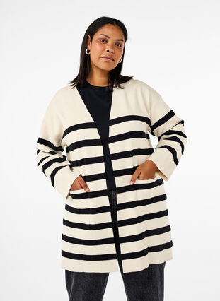 Zizzi Langstrikket stripet cardigan, Birch w/Black, Model image number 0