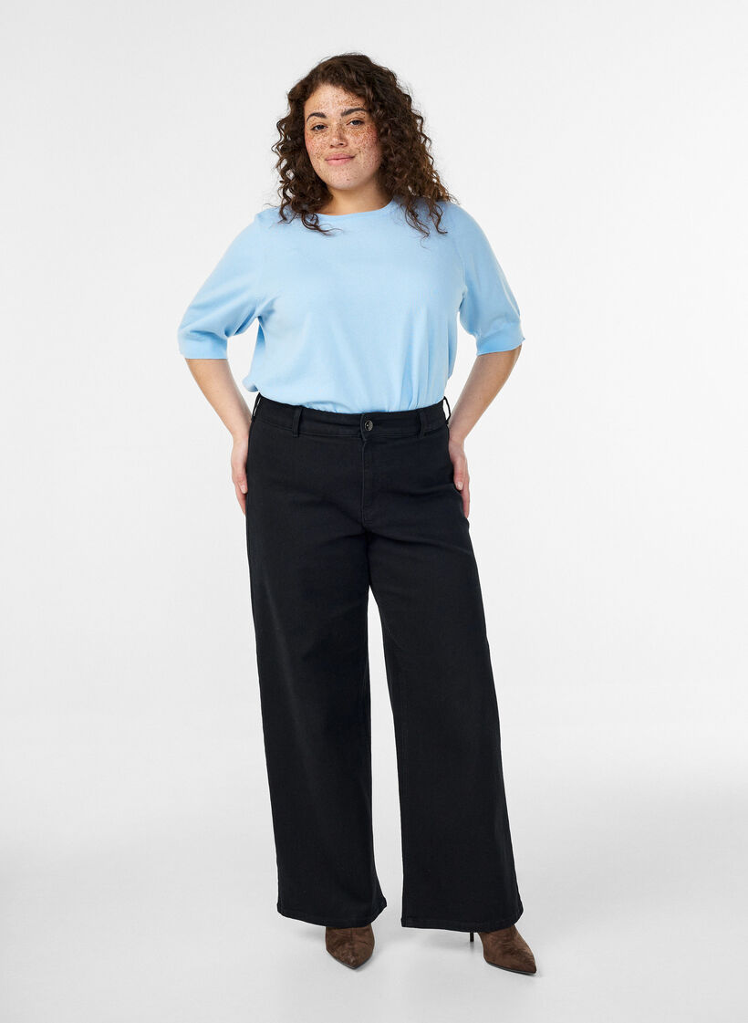 Finstrikket bluse med korte ermer, Bl&aring;, Model image number 1