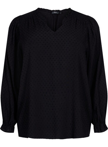 Langermet bluse med smock- og volangdetaljer, Black, Packshot image number 0