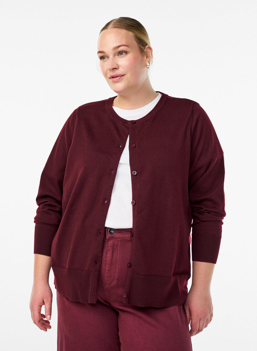 Finstrikket cardigan med rund hals, R&oslash;d, Model image number 0