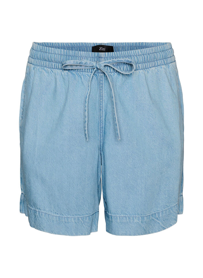 Shorts med plagg i denim med elastisk midje og snor, Bl&aring;, Packshot image number 0