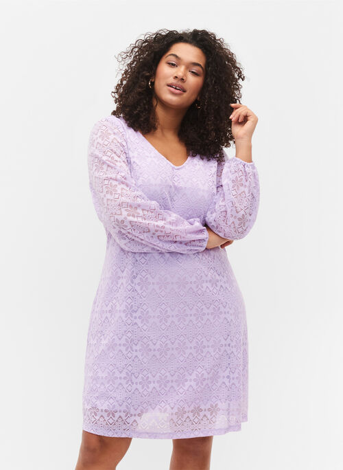 Blondekjole med V-hals og lange ermer, Pastel Lilac, Model