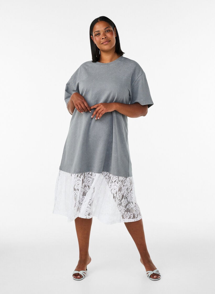 Loose fit T-skjortekjole med blonder trim, Gr&aring;, Model image number 0