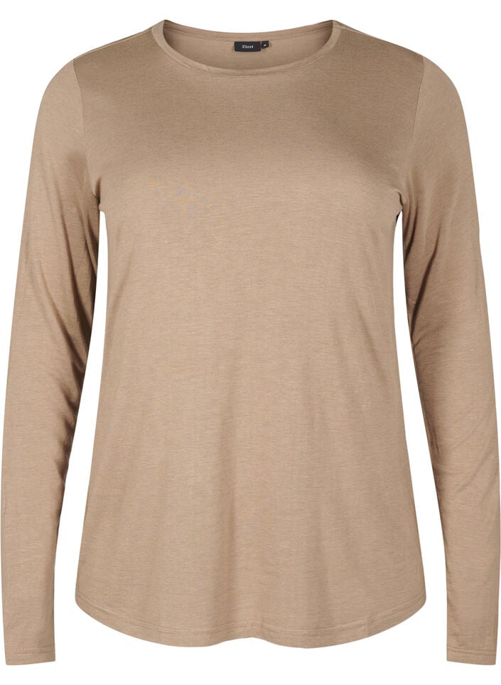 Langermet bluse i ull og viskose, Brun, Packshot image number 0