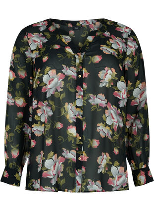 Skjorte med V-hals og mønster, Black/Beige Flower, Packshot image number 0