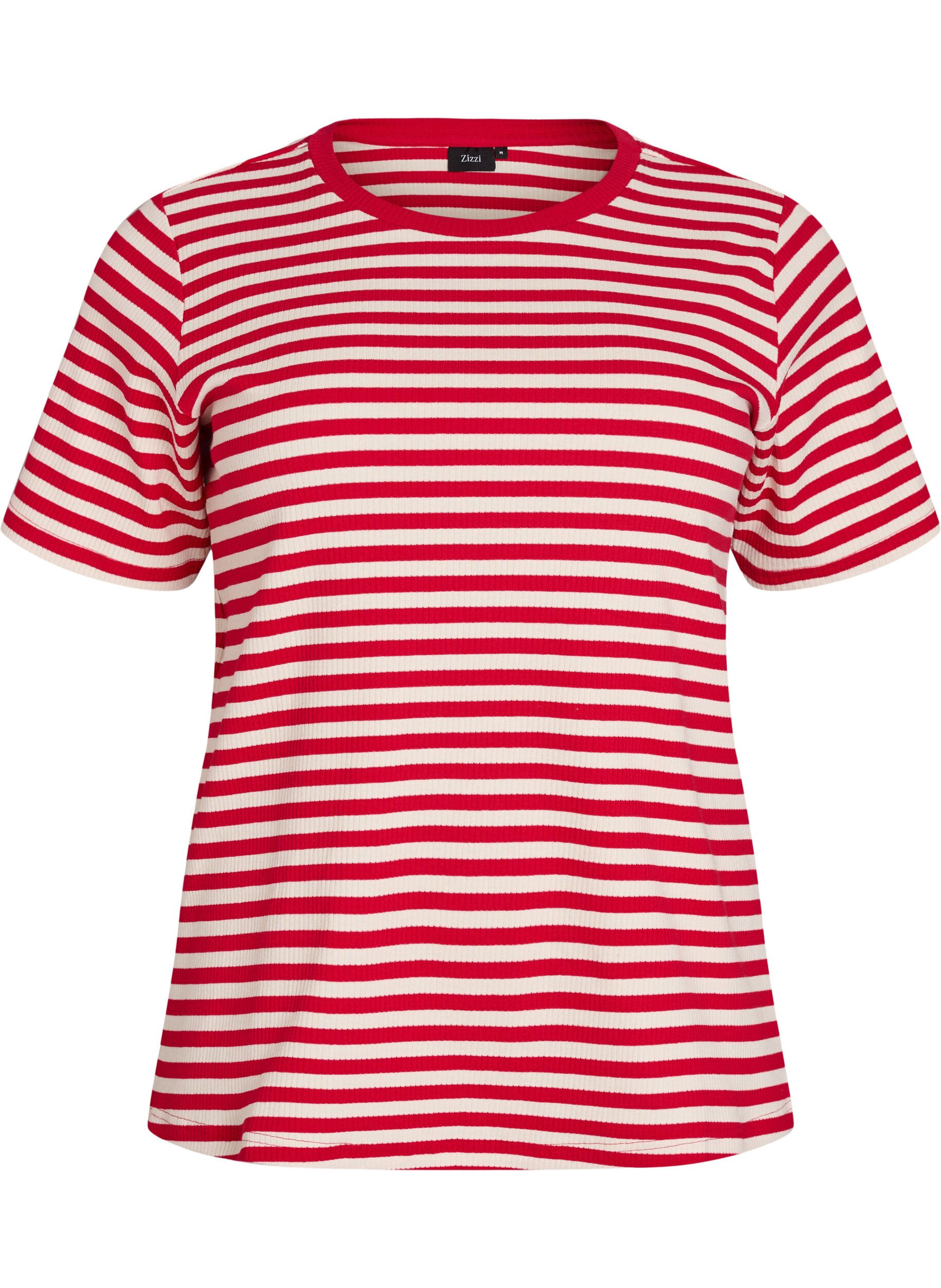 ZizziT-shirt med striper og ribbestrikket struktur, R&oslash;d, Packshot image number 0