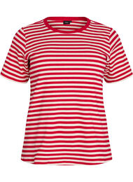T-shirt med striper og ribbestrikket struktur, R&oslash;d