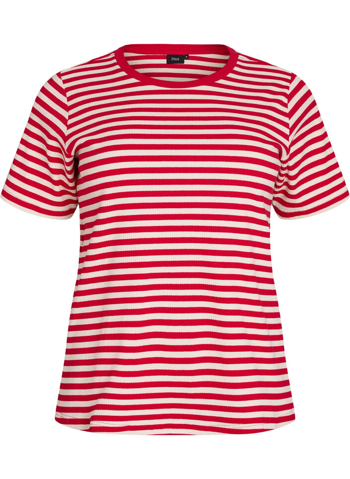 T-shirt med striper og ribbestrikket struktur, R&oslash;d, Packshot image number 0