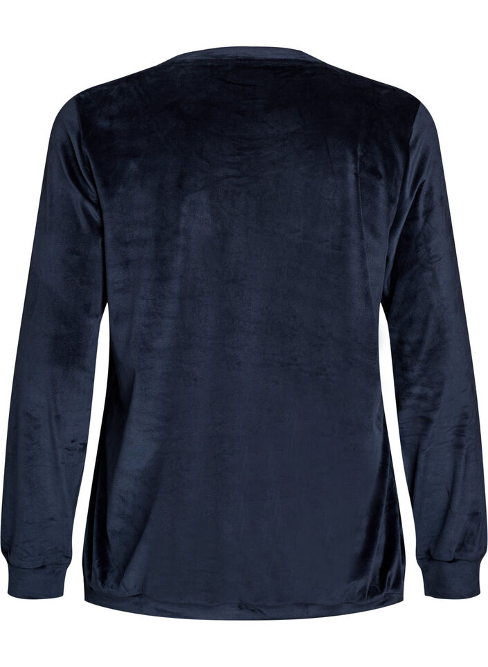 Velourbluse med brodert tekst, Bl&aring;, Packshot image number 1