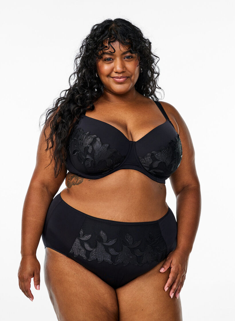 Mikrofibertruser med blomsterbroderi, Svart, Model image number 0